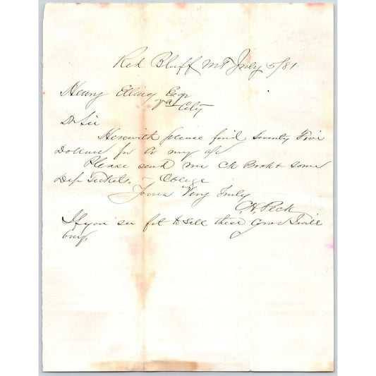 July 5 1881 C.H. Peck Red Bluff, MT ALS to Henry Elling* Virginia City, MT
