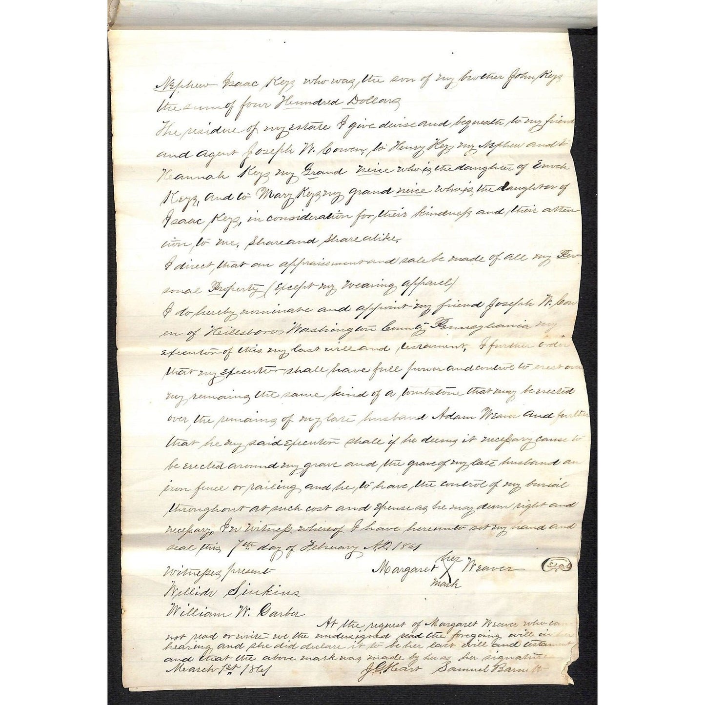 Margaret Weaver West Bethlehem, PA 1864 5pp Last Will Document