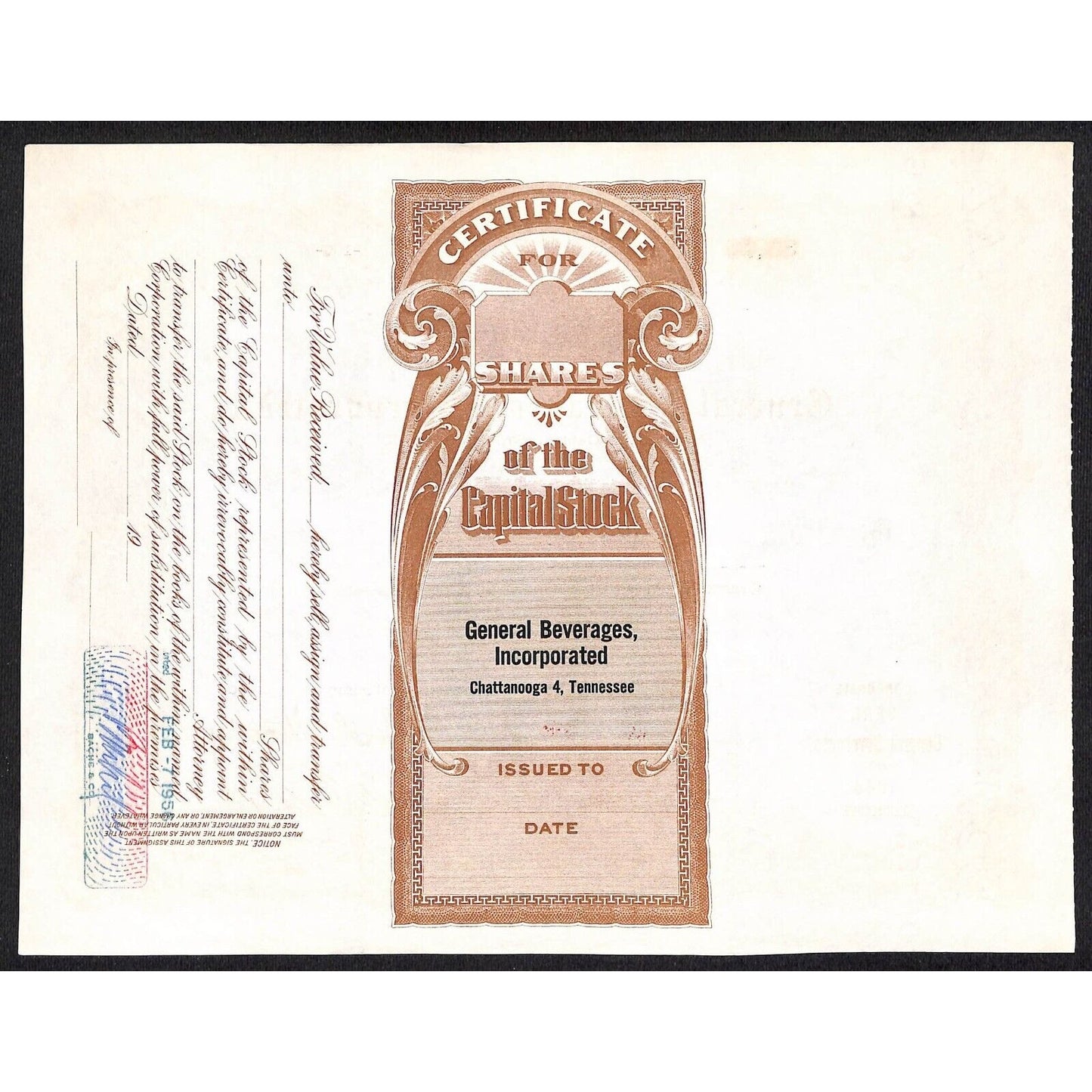 General Beverages, Inc.* Tennessee 1956 Stock Certificate Bache & Co #33038