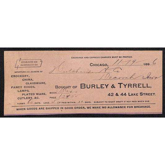 Burley & Tyrrell Crockery Chicago IL Hutchinson Decorah IA* Cut 1896 Billhead
