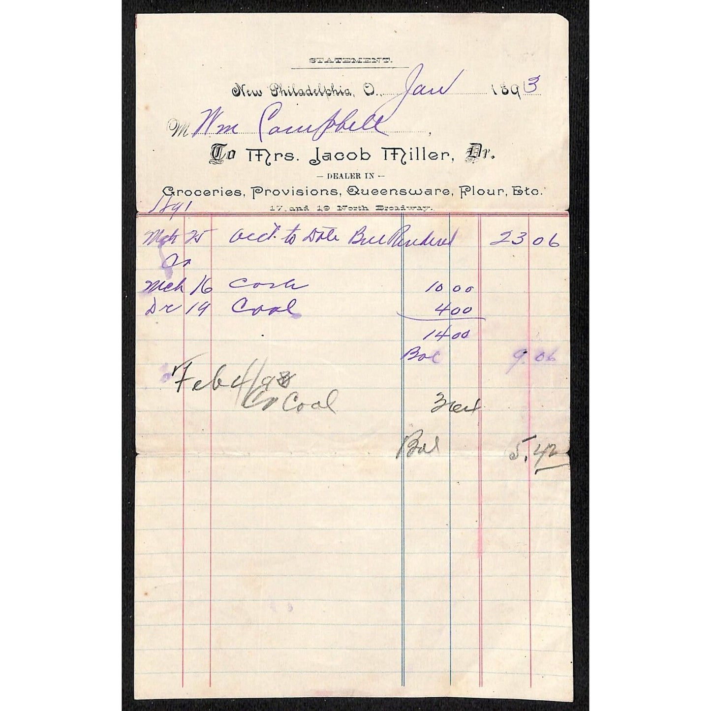 Jacob Miller Groceries New Philadelphia 1893 Billhead / Statement VGC