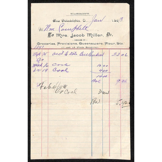 Jacob Miller Groceries New Philadelphia 1893 Billhead / Statement VGC