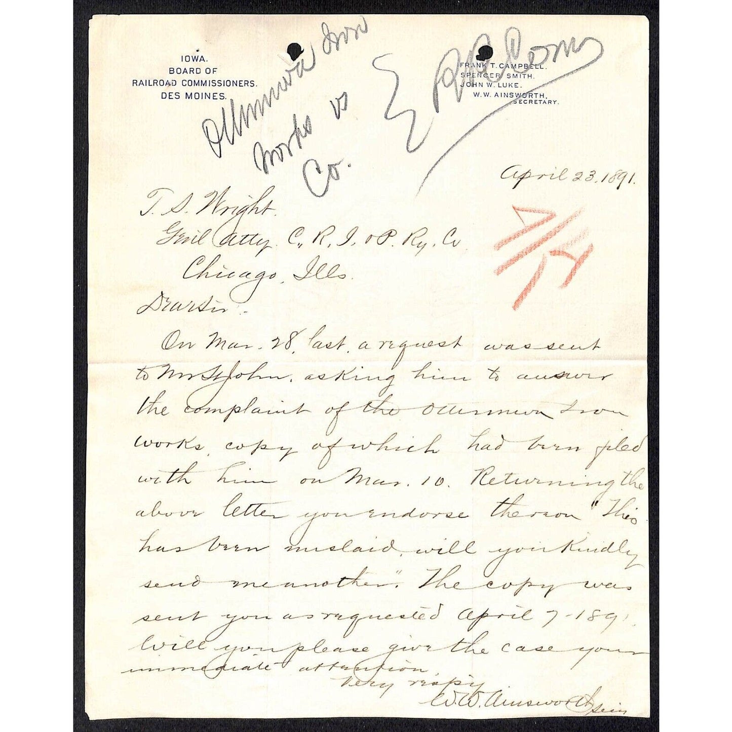 Iowa Board of Railroad Commissioners Des Moines 1891 ALS to CRI&P