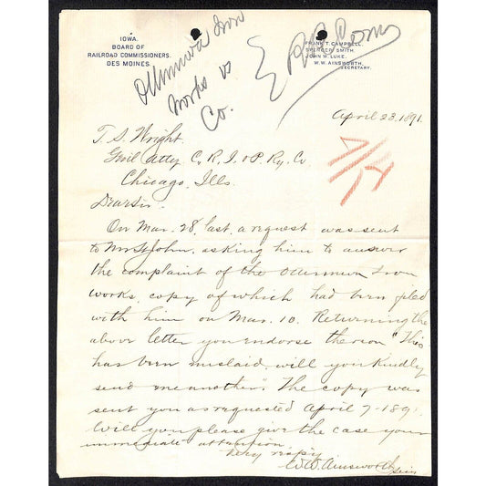 Iowa Board of Railroad Commissioners Des Moines 1891 ALS to CRI&P