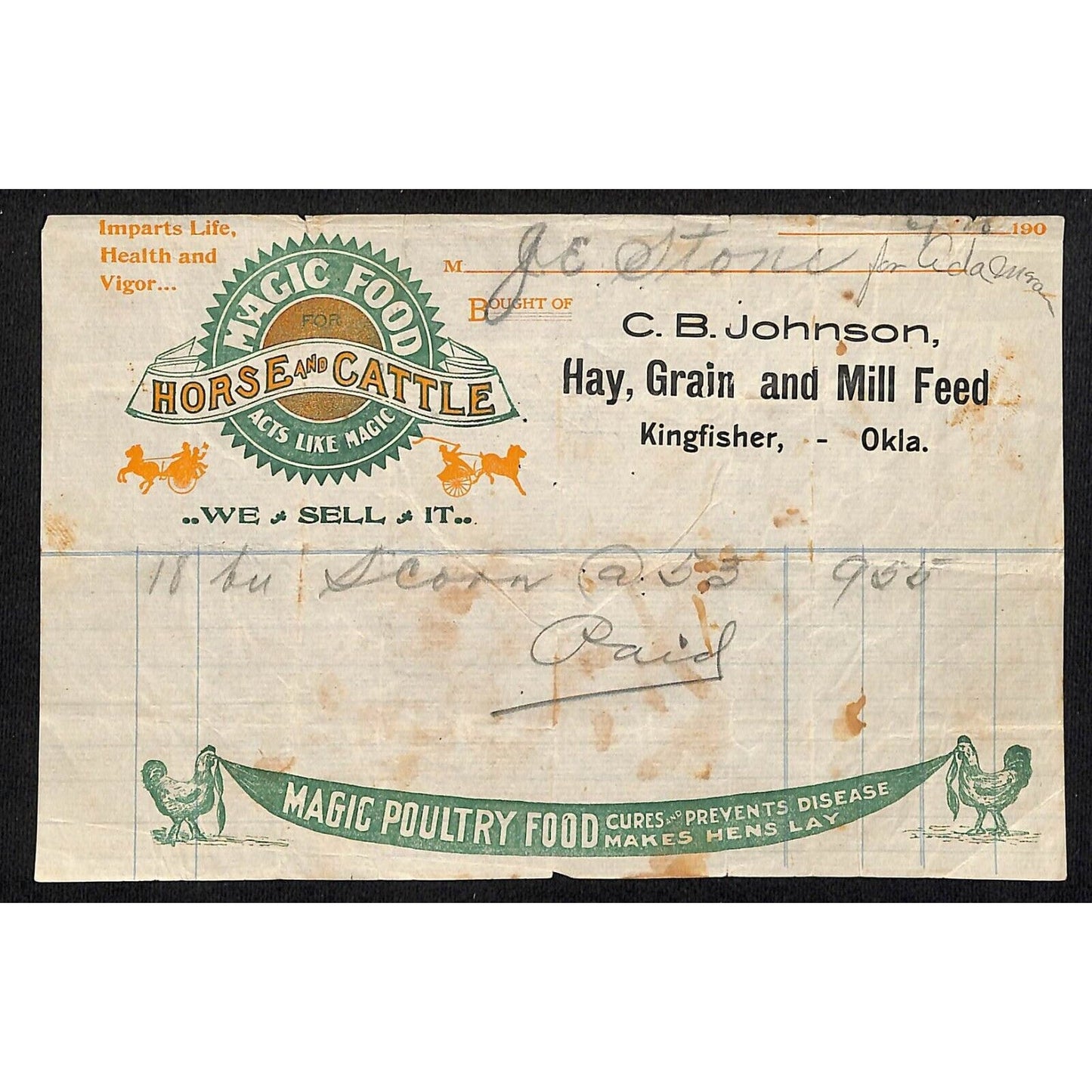 c1900 C.B Johnson Hay Grain Mill Feed Kingfisher, OK Territorial Color Billhead