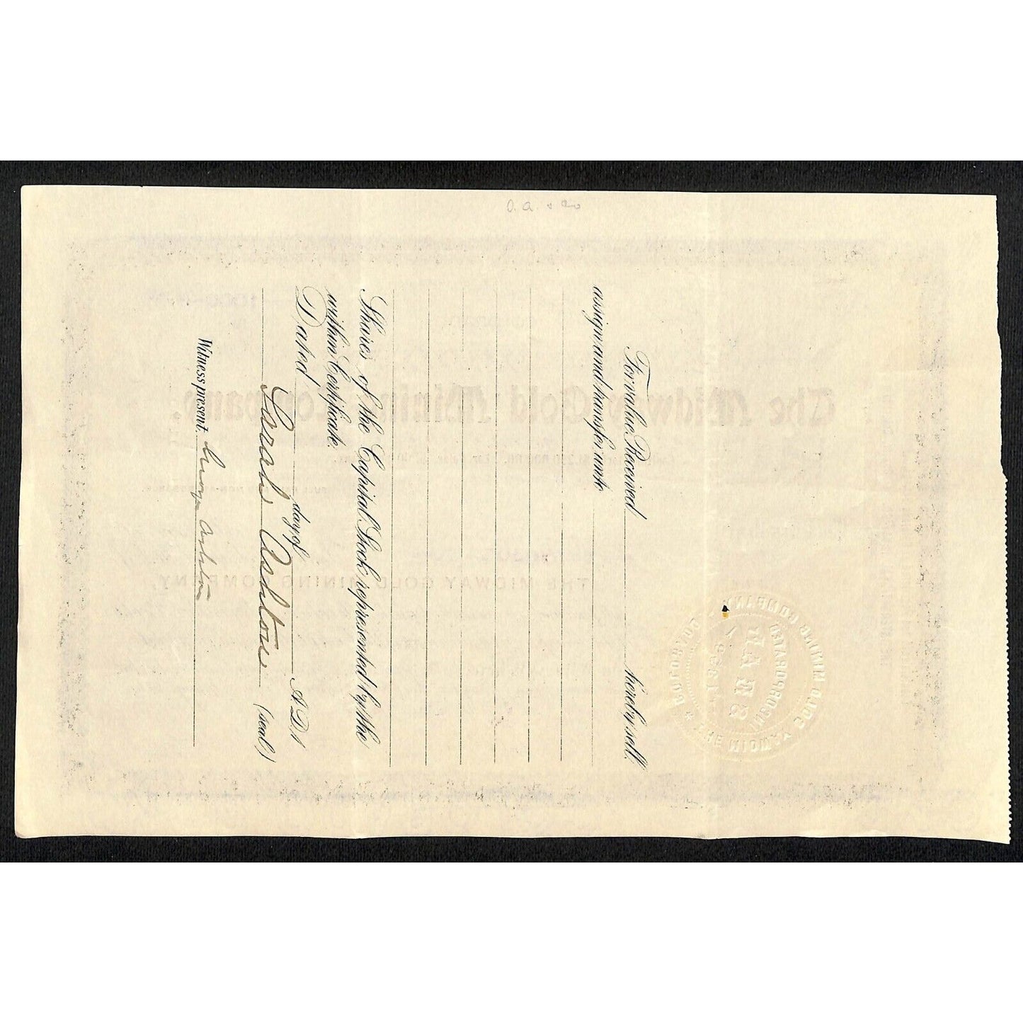 Midway Gold Mining Co. 1906 Stock Certificate w/ Warren Woods Sig. #2401