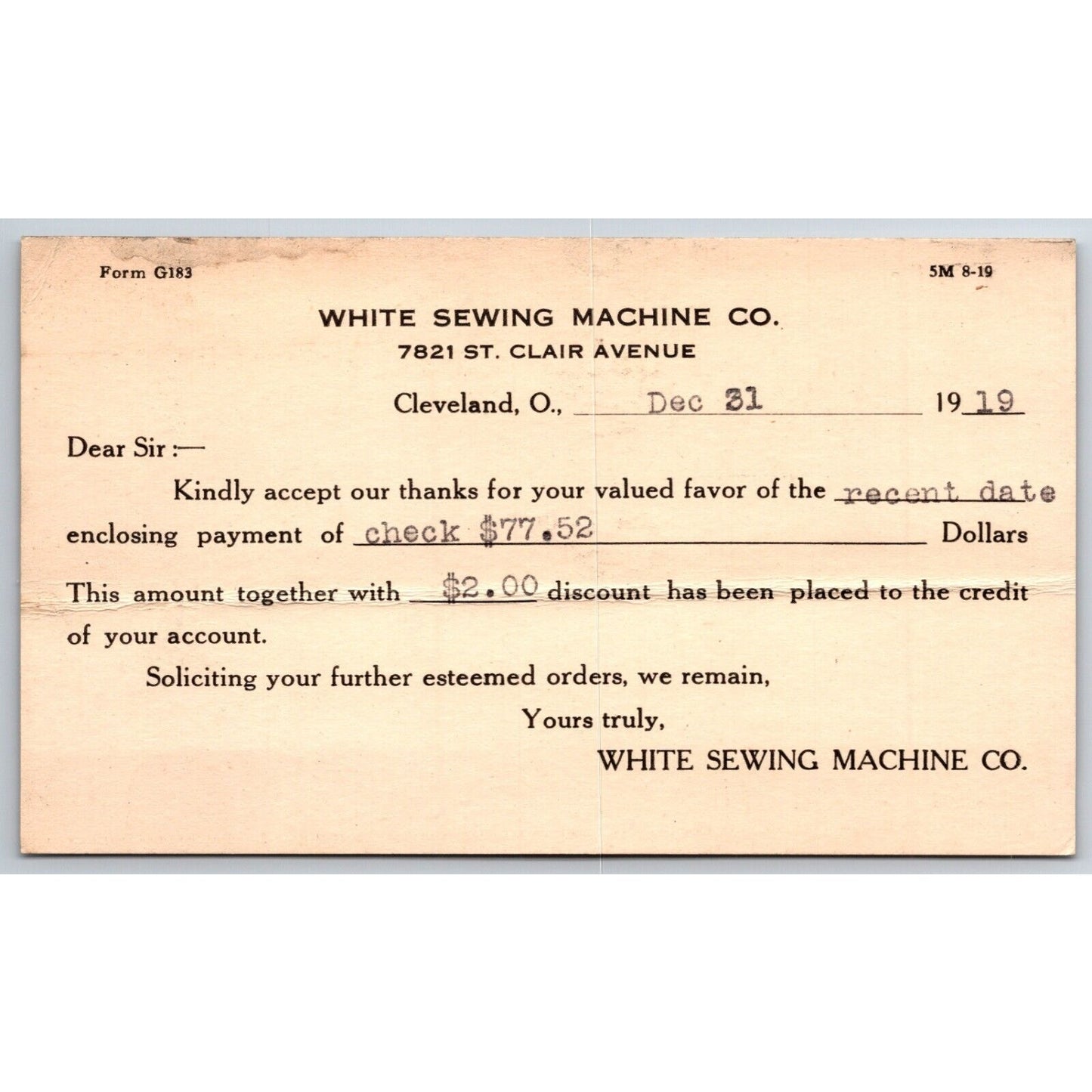 White Sewing Machine Co. Cleveland 1919 Payment Receipt Postcard