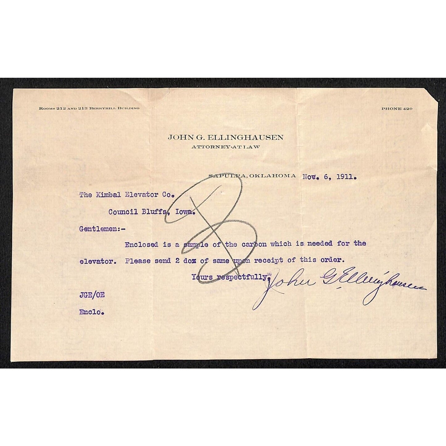 John G. Ellinghausen Attorney Sapulpa Oklahoma 1911 Letterhead Kimbal Elevator