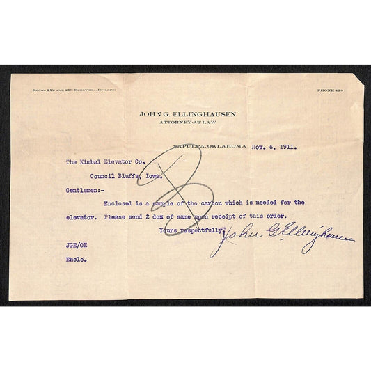 John G. Ellinghausen Attorney Sapulpa Oklahoma 1911 Letterhead Kimbal Elevator
