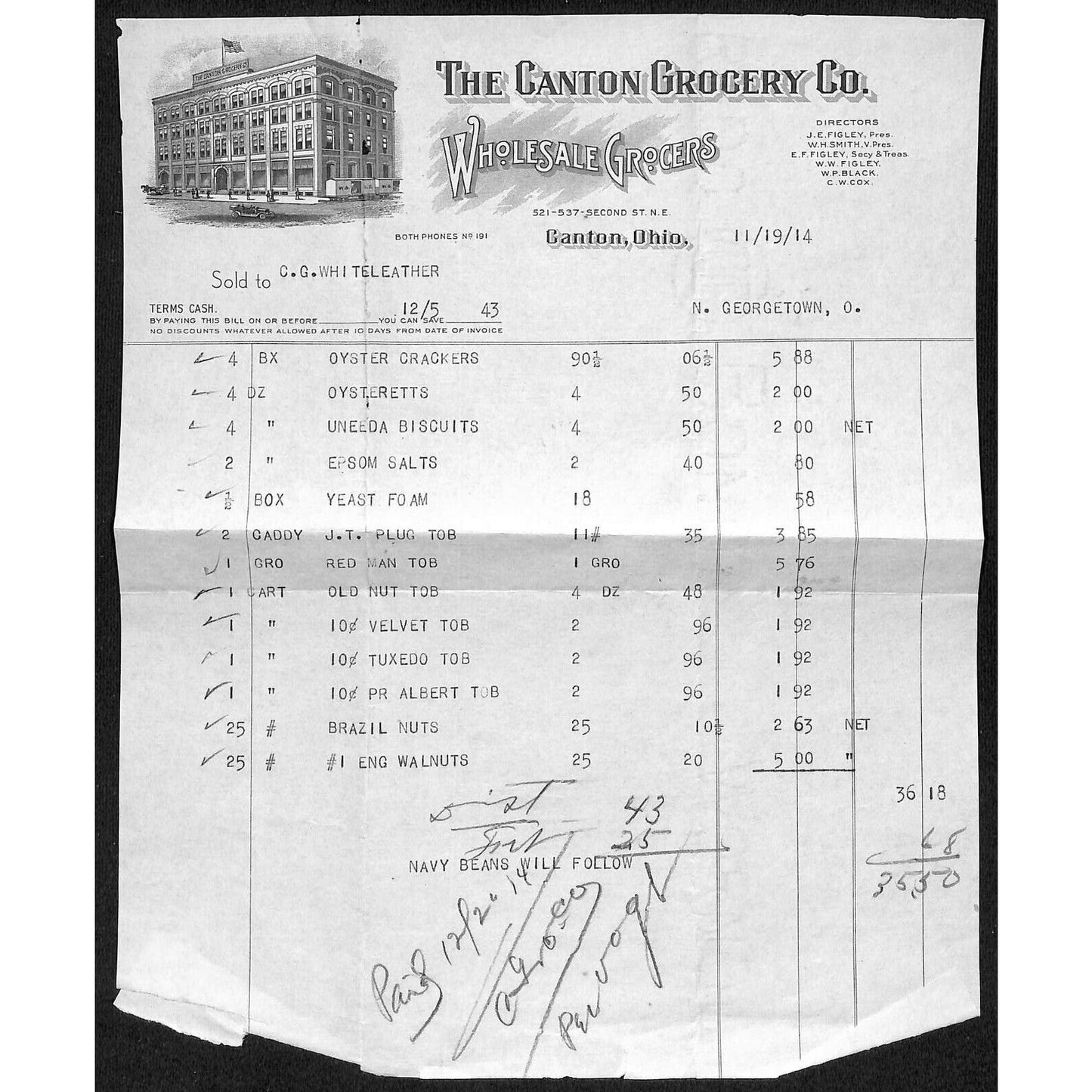 The Canton Grocery Co. 1914 Billhead Whiteleather* N. Georgetown OH