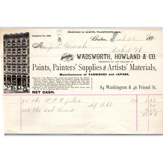 Wadsworth, Howland & Co. Painters' Supplies Boston, MA 1886 Billhead Vignette