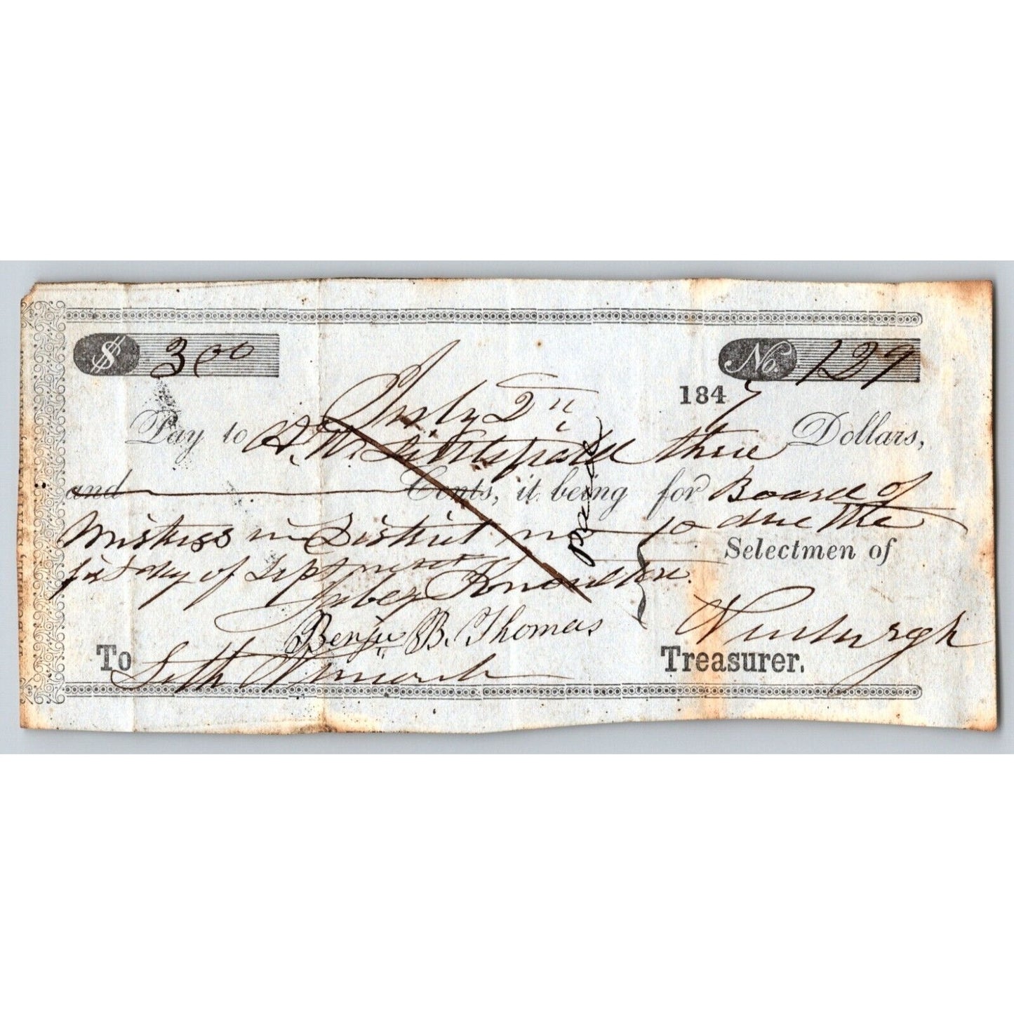 1847 Jabez Knowlton* Newburgh ME Town Check for "Board of Mistress in District"