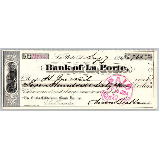 Bank of La Porte Check H. McNeil 1884 Mining Vignette #12744