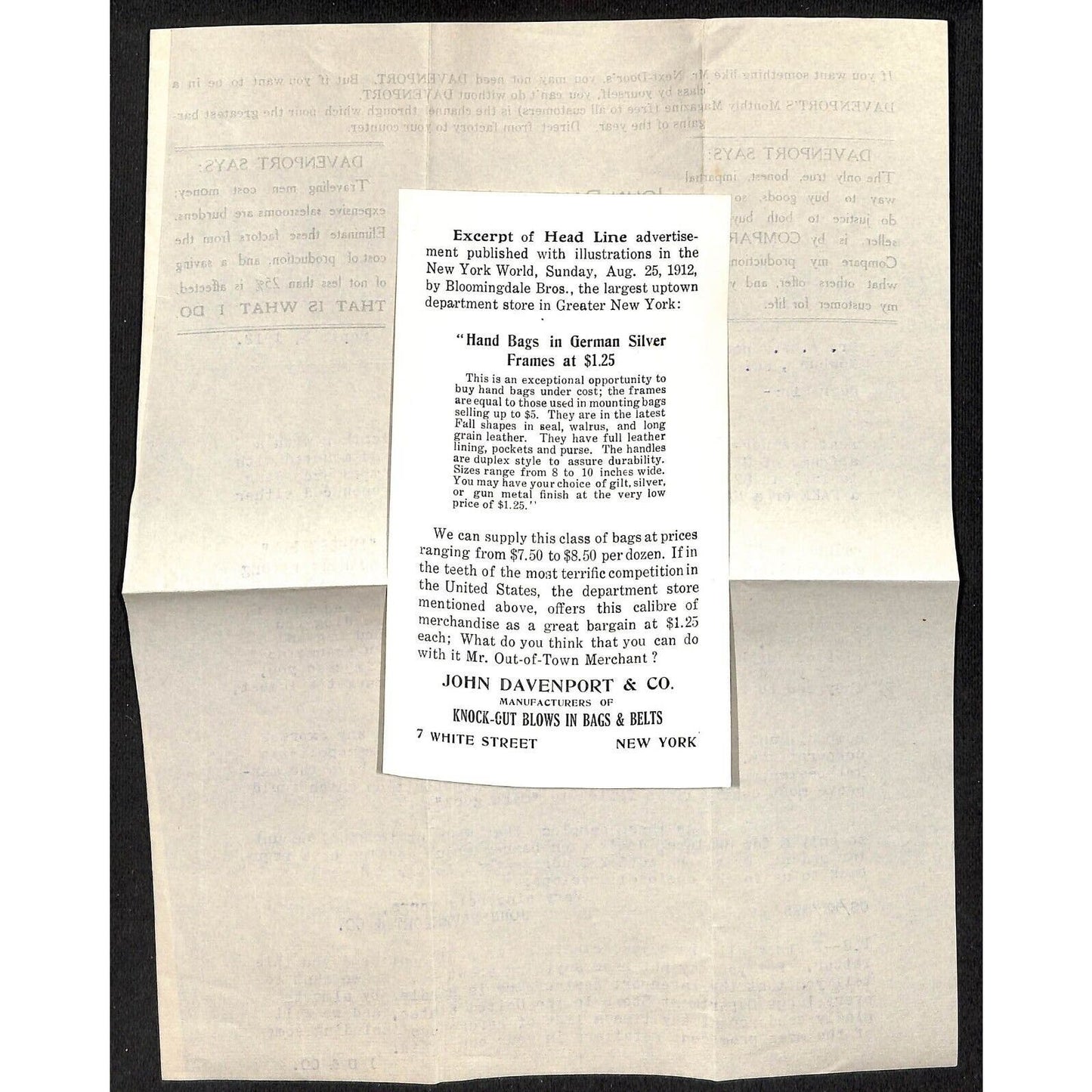 John Davenport Leatherware 7 White St. NYC Letterhead & Cover Knowlton*