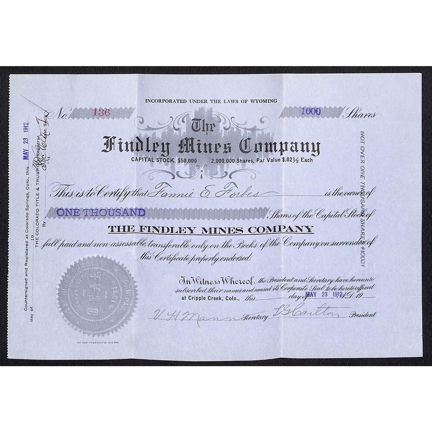 Findley Mines Co. 1912 Cripple Creek Stock Certificate w/ L.G. Carlton Sig. #136