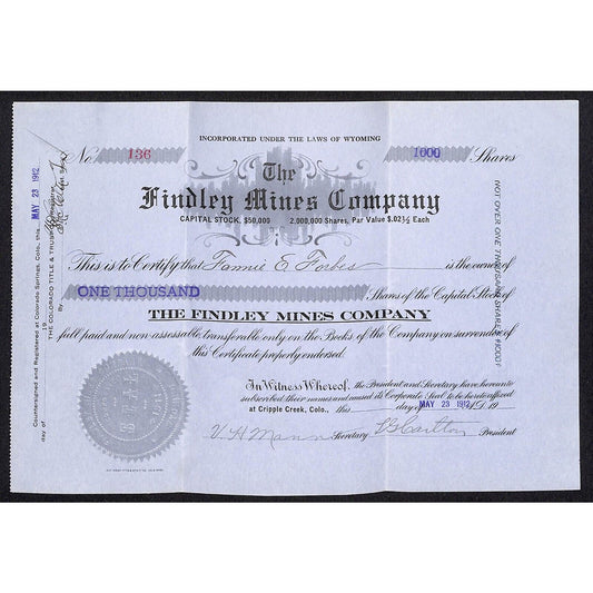 Findley Mines Co. 1912 Cripple Creek Stock Certificate w/ L.G. Carlton Sig. #136