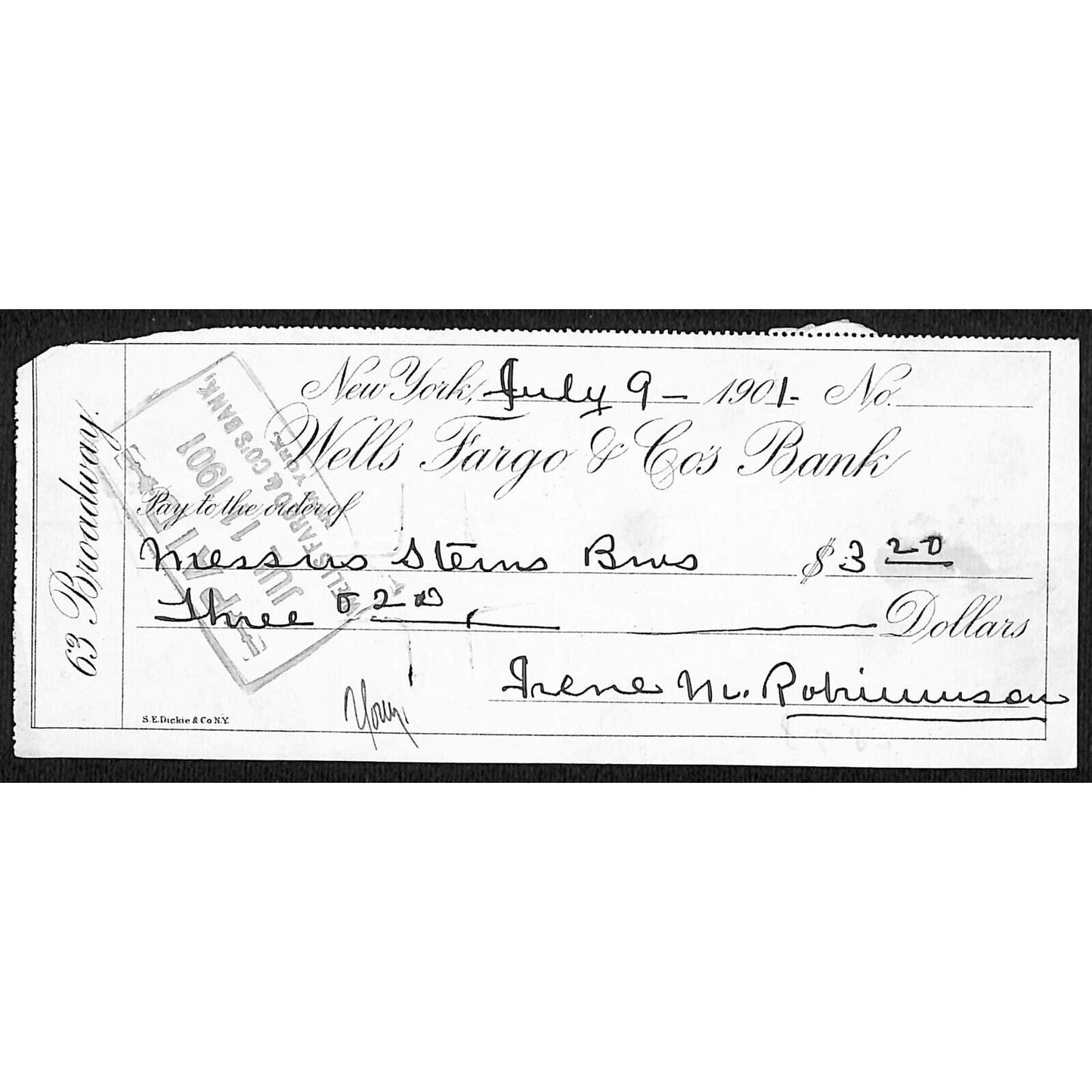 1901 Wells Fargo & Co Bank 63 Broadway NYC Check to Stern Brothers