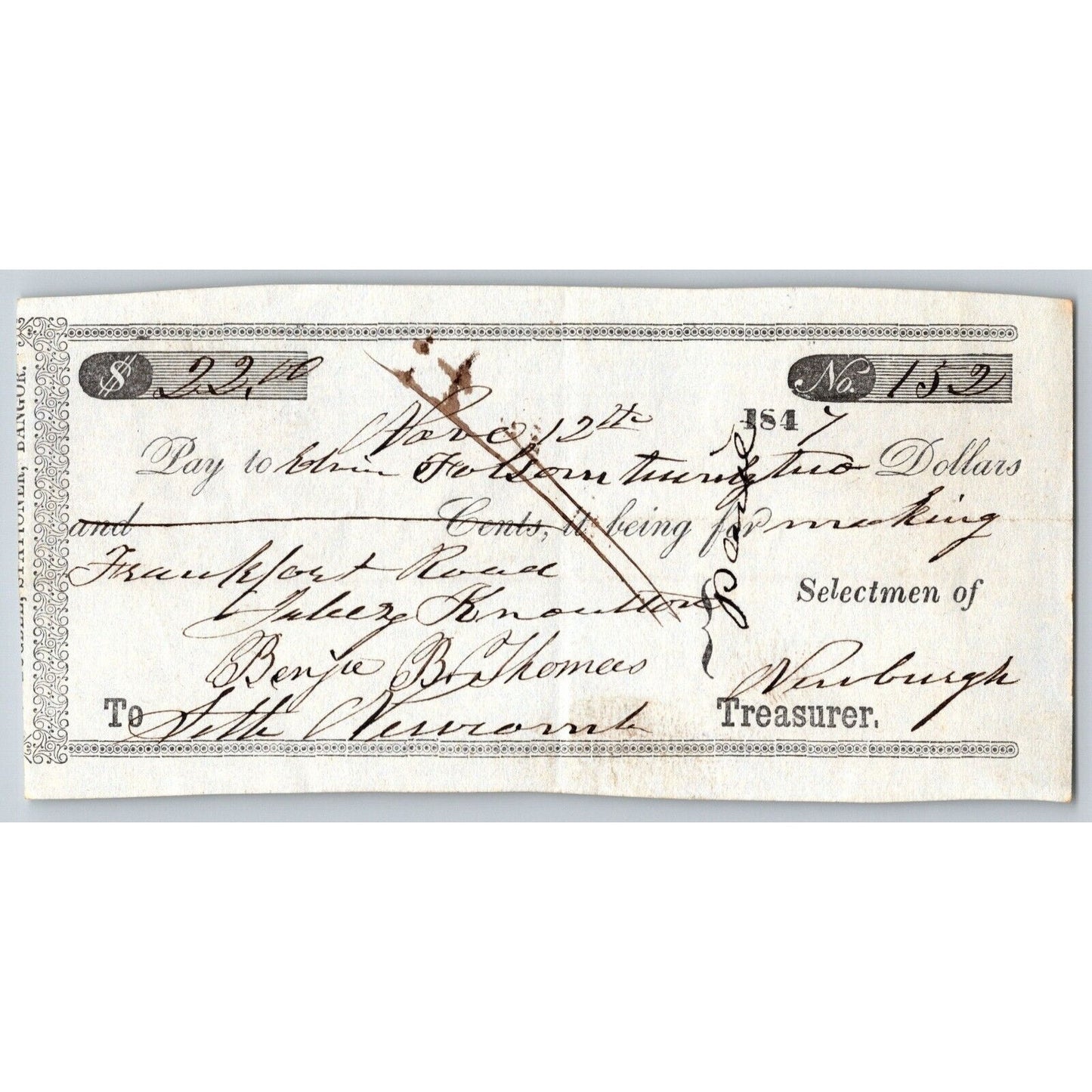 1847 Jabez Knowlton* Newburgh ME Town Check to Edwin ? Folsom for Frankfort Road