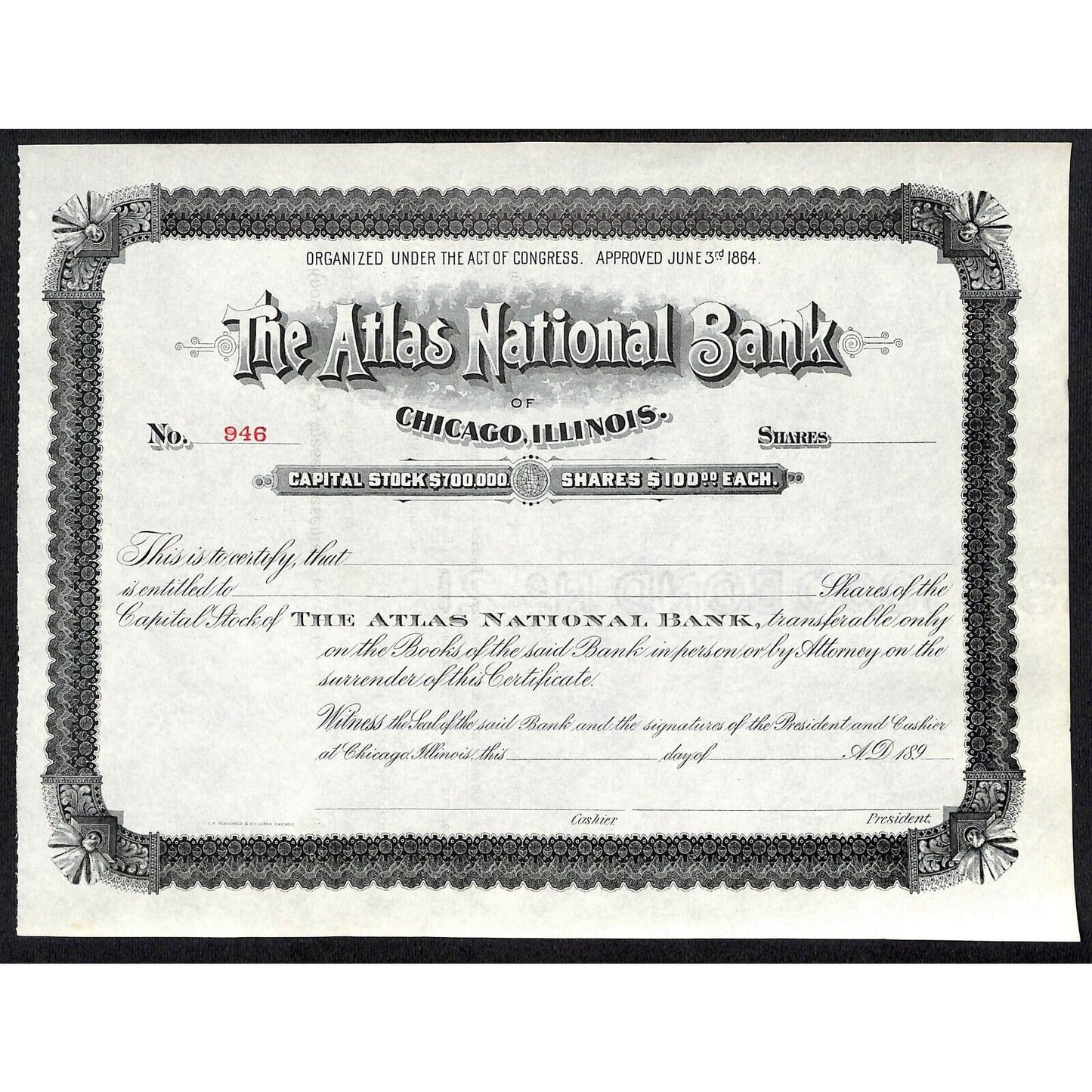 Atlas National Bank Chicago 1890's 189x Stock Certificate Unissued #946