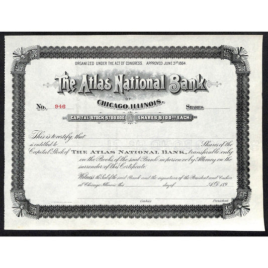Atlas National Bank Chicago 1890's 189x Stock Certificate Unissued #946