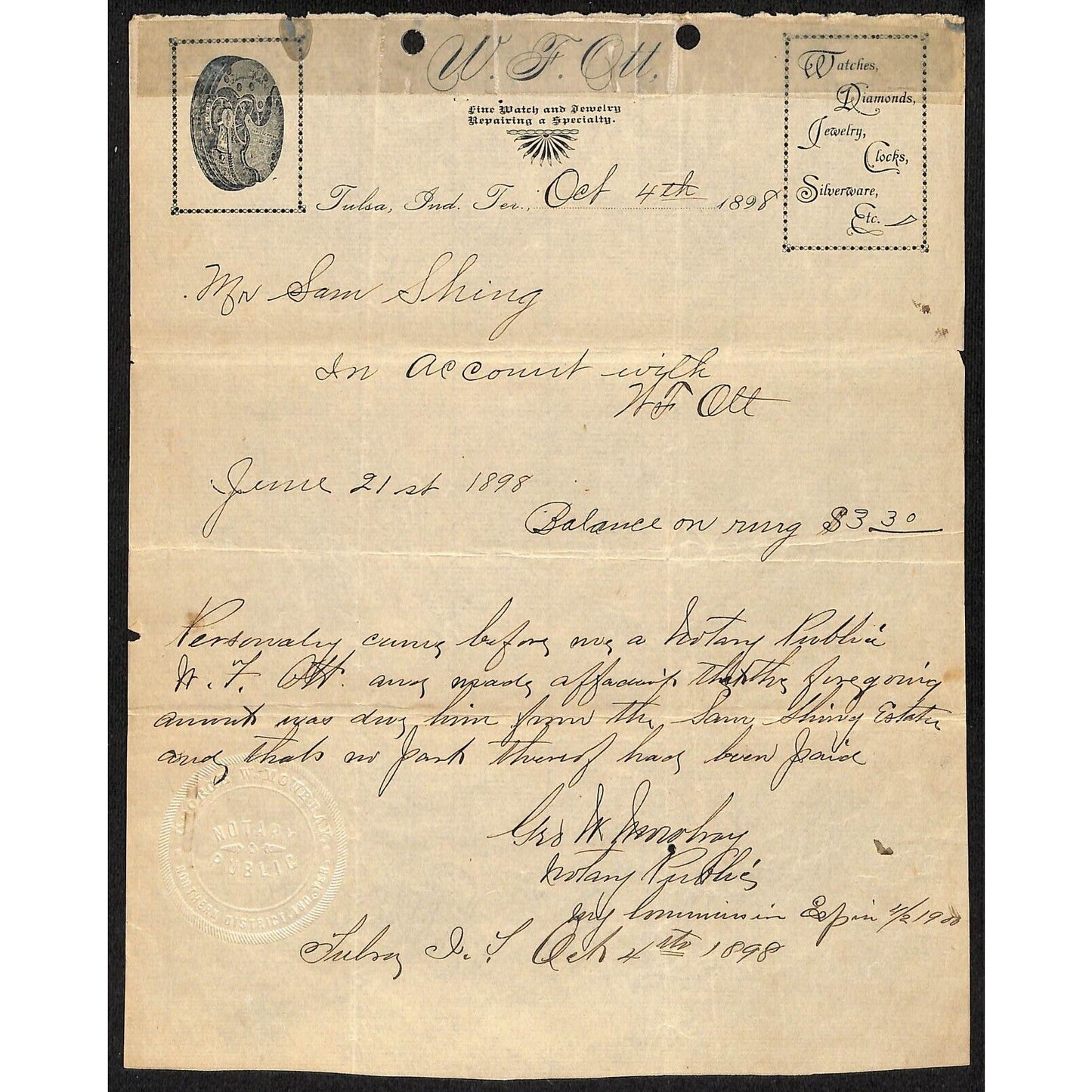 1898 W.F. Ott Jewelry Repair Tulsa, OK Indian Territory Notarized Letterhead