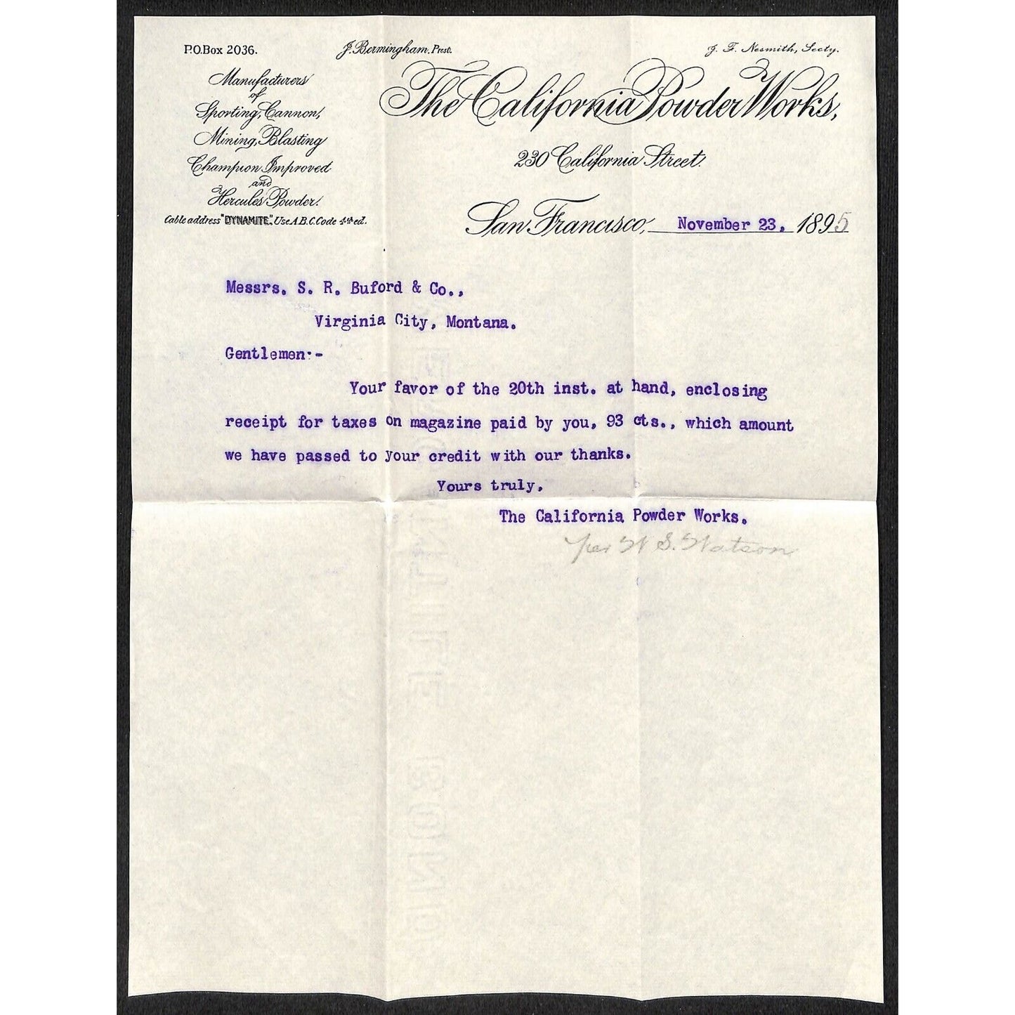 California Powder Works Hercules Dynamite 11/23 1895 Letterhead S.R. Buford*