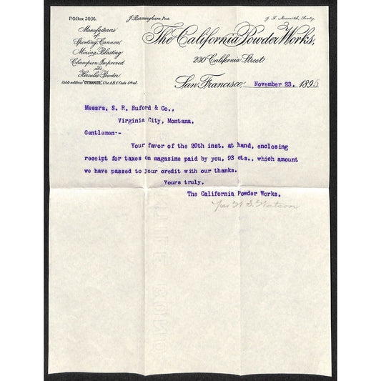 California Powder Works Hercules Dynamite 11/23 1895 Letterhead S.R. Buford*