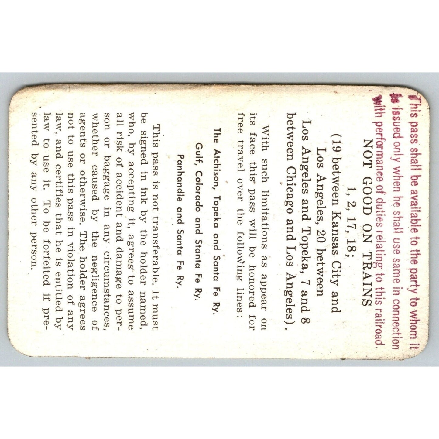 Atchison, Topeka and Santa Fe Railway System 1965-68 Yearly Train Pass #84404
