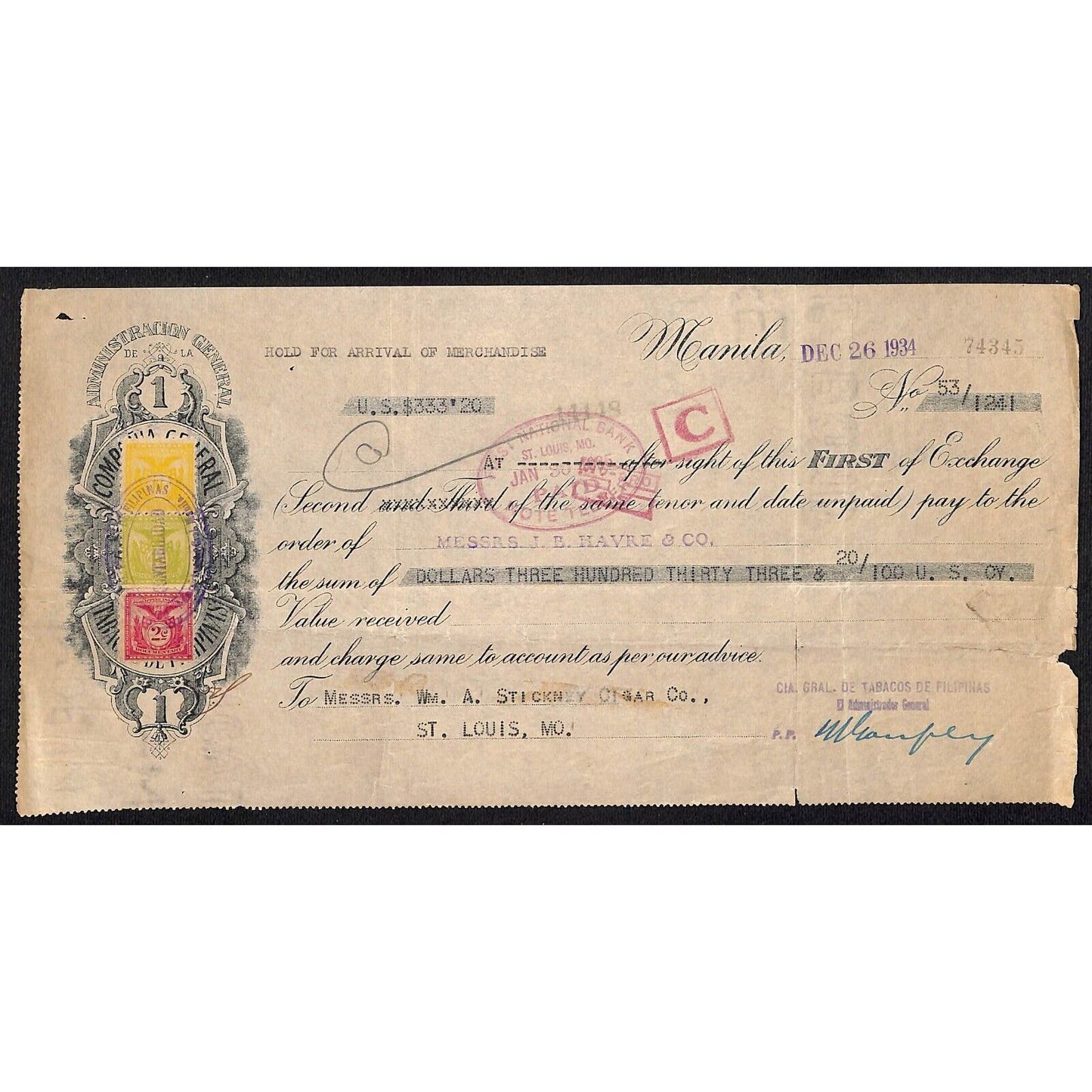 1934 Manila J.B. Harve & Co. / Stickney Cigar Co. First of Exchange #74345