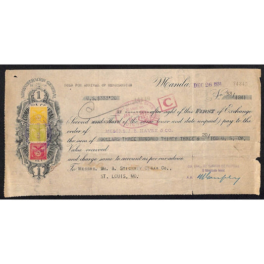 1934 Manila J.B. Harve & Co. / Stickney Cigar Co. First of Exchange #74345