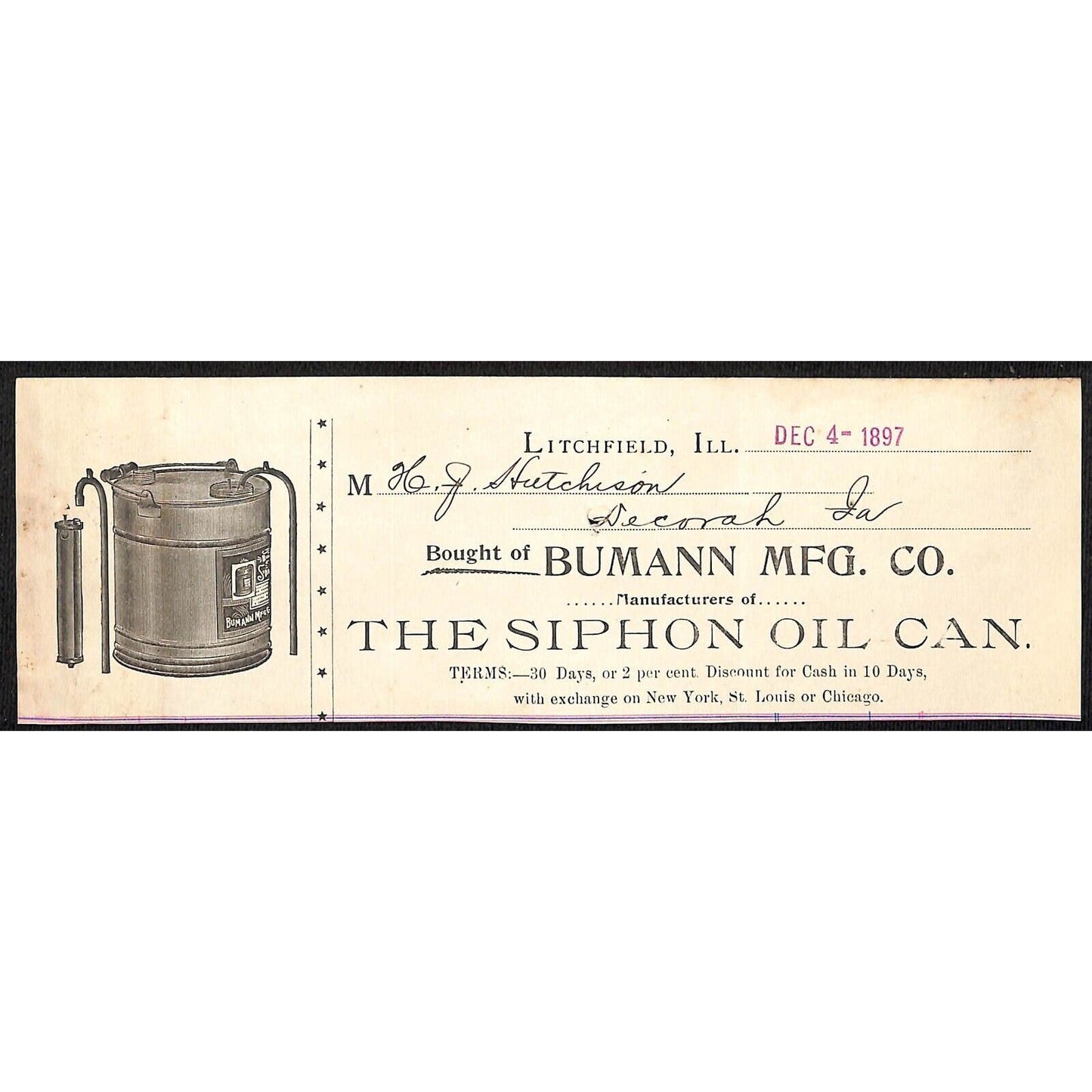 Bumann Mfg. Co. Siphon Oil Can HJ Hutchinson Decorah IA* Cut 1897 Billhead