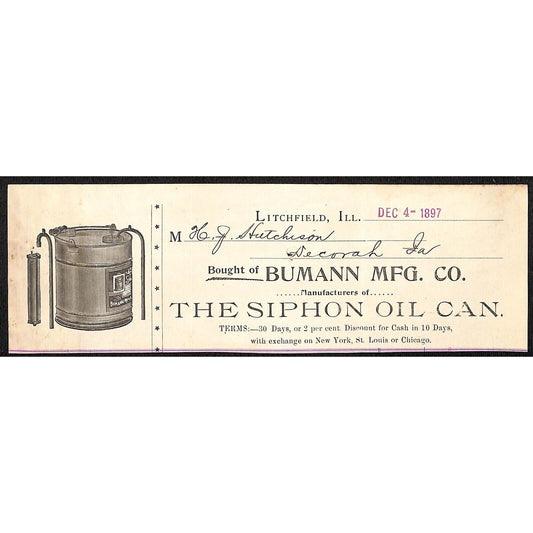 Bumann Mfg. Co. Siphon Oil Can HJ Hutchinson Decorah IA* Cut 1897 Billhead
