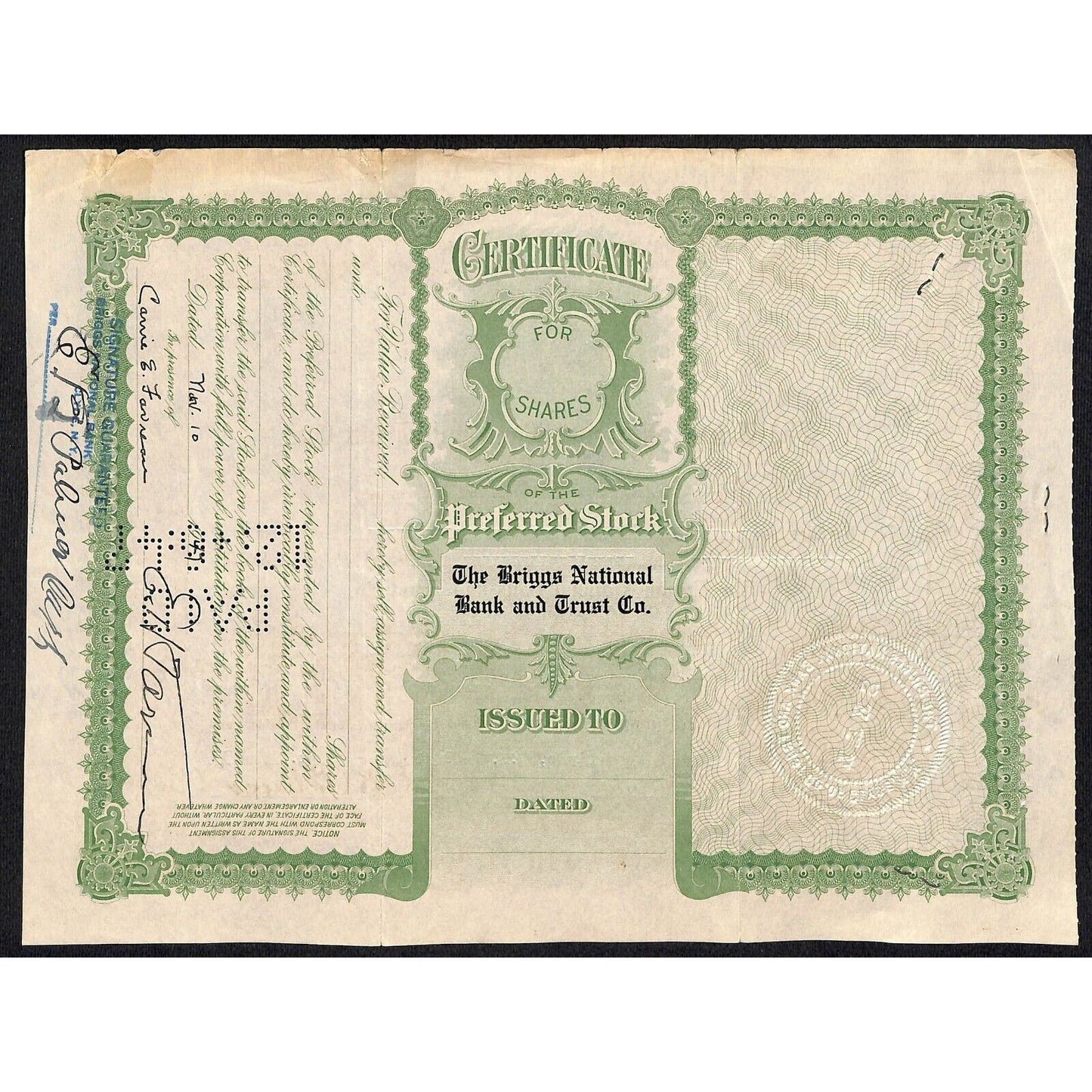 Briggs National Bank and Trust Clyde, NY 1933 Stock Certificate to E.H. Favreau