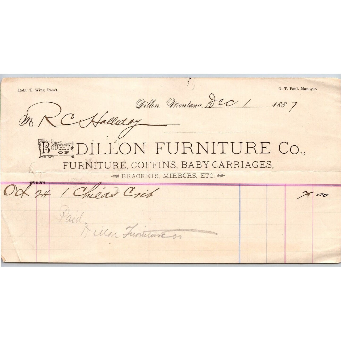 Dillon MT Dillon Furniture 1887 Billhead for Child's Crib R.C. Halliday*