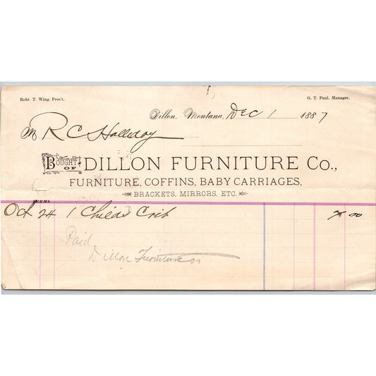 Dillon MT Dillon Furniture 1887 Billhead for Child's Crib R.C. Halliday*