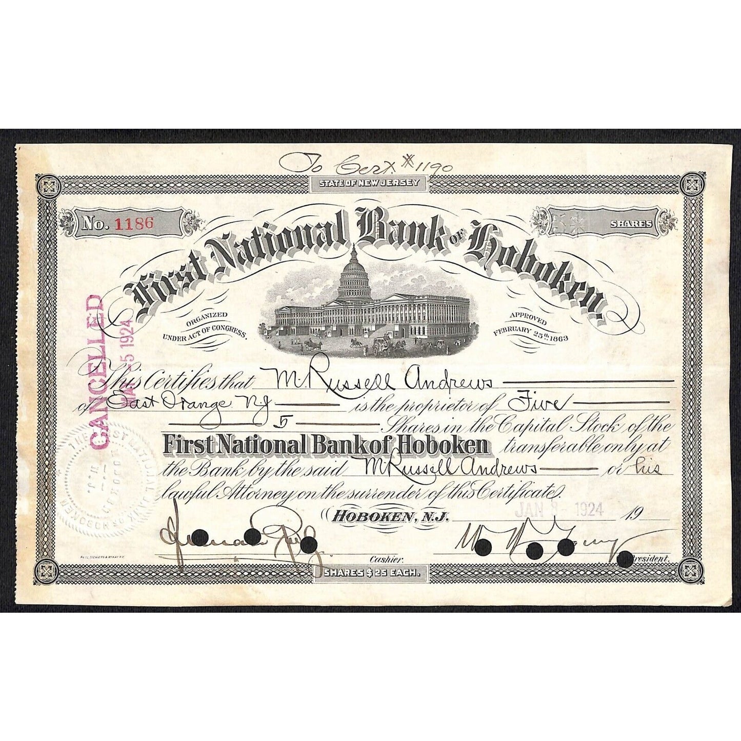 First National Bank of Hoboken NJ 1924 Stock Certificate M. Russell Andrews