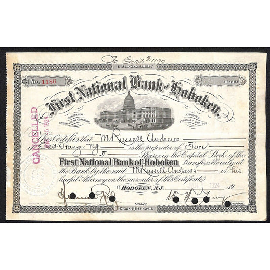 First National Bank of Hoboken NJ 1924 Stock Certificate M. Russell Andrews