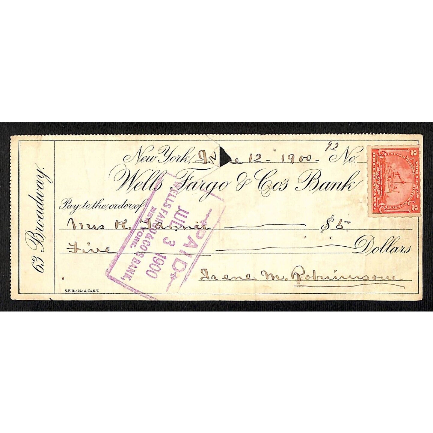 1900 Wells Fargo & Co Bank 63 Broadway NYC Check #92 w/ Rev Stamp Mrs. R Farmer?