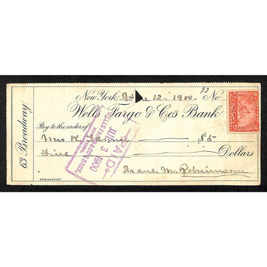 1900 Wells Fargo & Co Bank 63 Broadway NYC Check #92 w/ Rev Stamp Mrs. R Farmer?