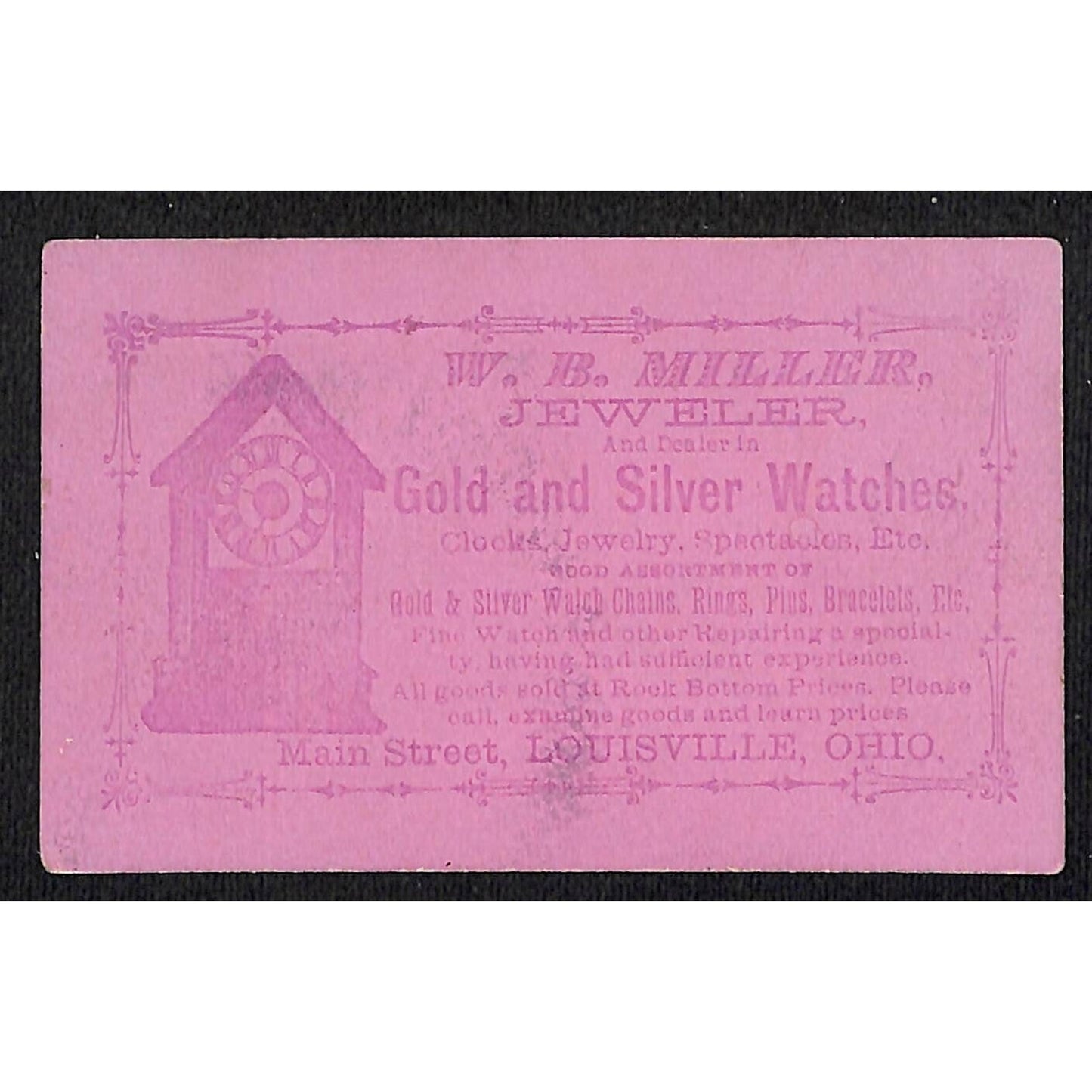 W.B. Miller Jeweler Main Street Louisville, OH Victorian Trade Card