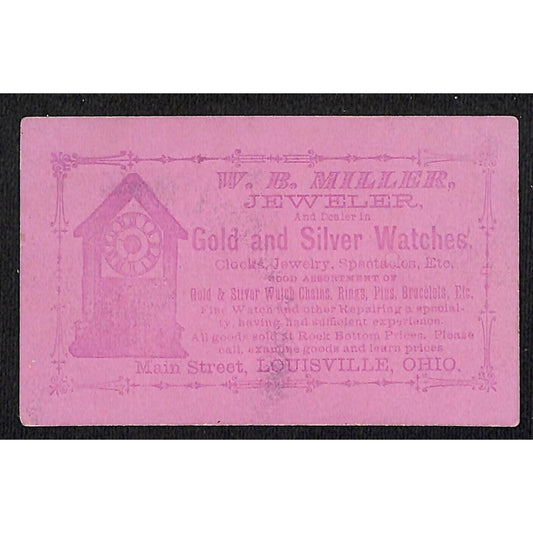 W.B. Miller Jeweler Main Street Louisville, OH Victorian Trade Card