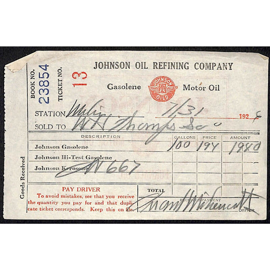 Johnson Oils Gasoline Kerosene 1926 W. H. Thompson Melvin IL #13 Station Receipt