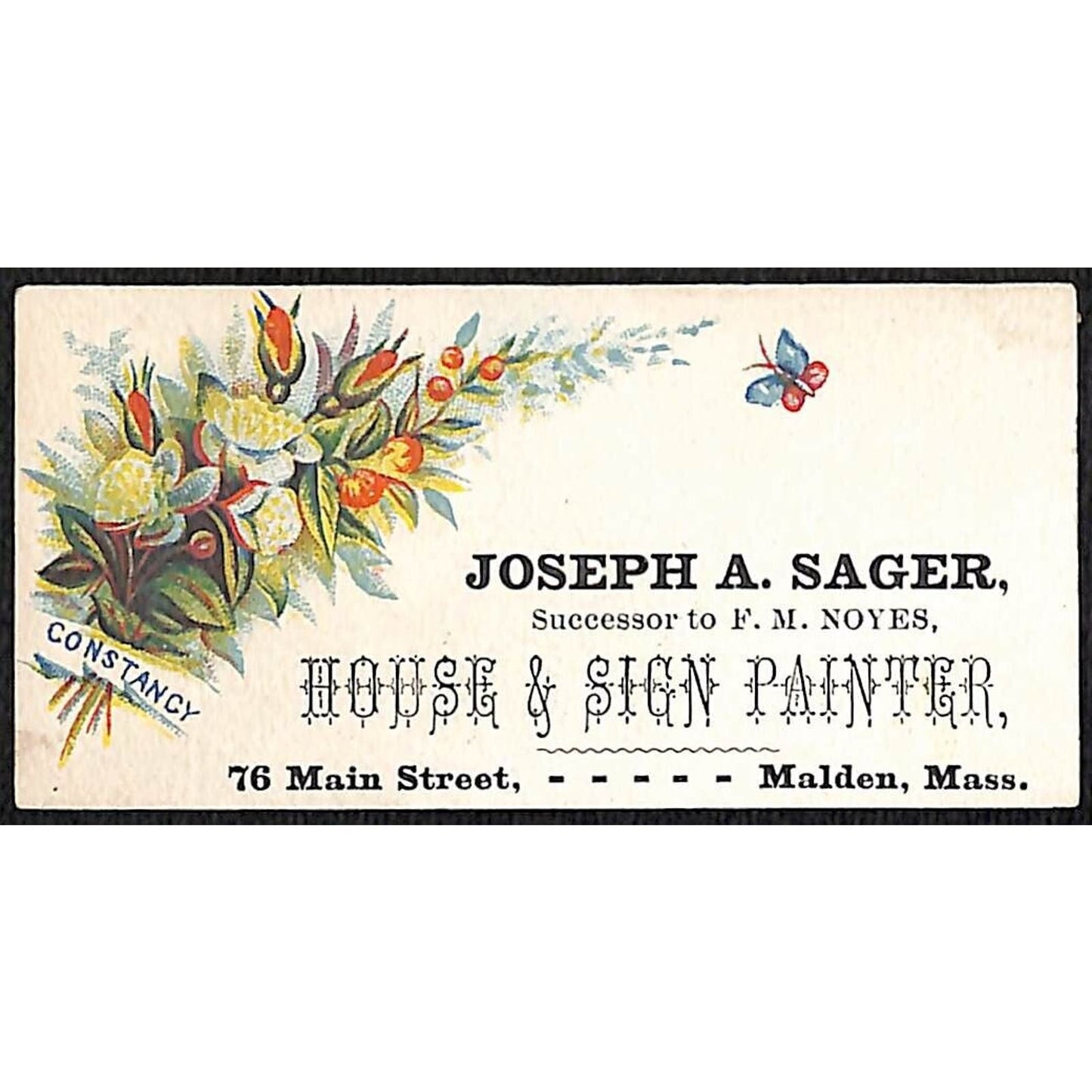 Joseph A. Sager House & Sign Painter Malden, MA Victorian Trade Card "Constancy"