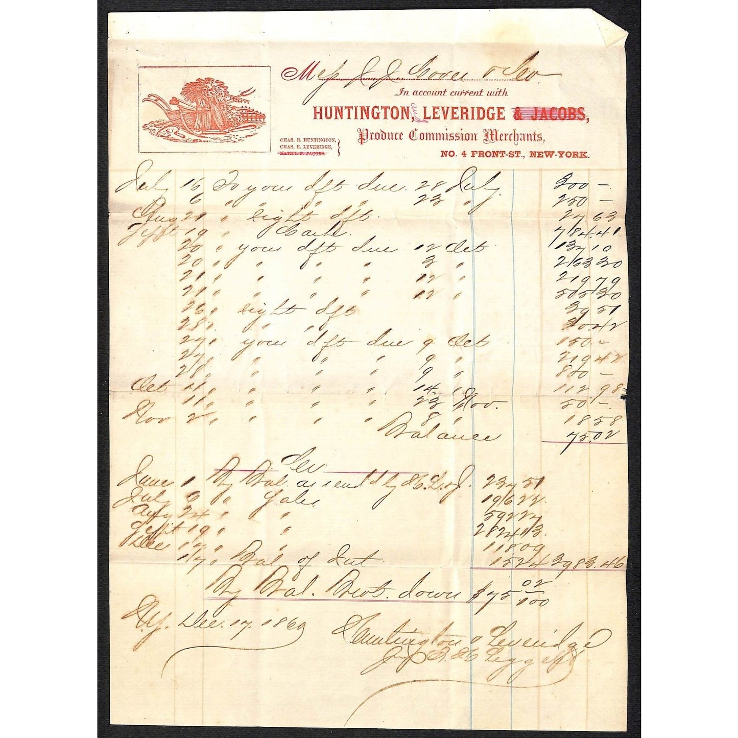Huntington, Leveridge (Jacobs) NYC 1860 J.J. Cover, Johnsville, OH* Billhead