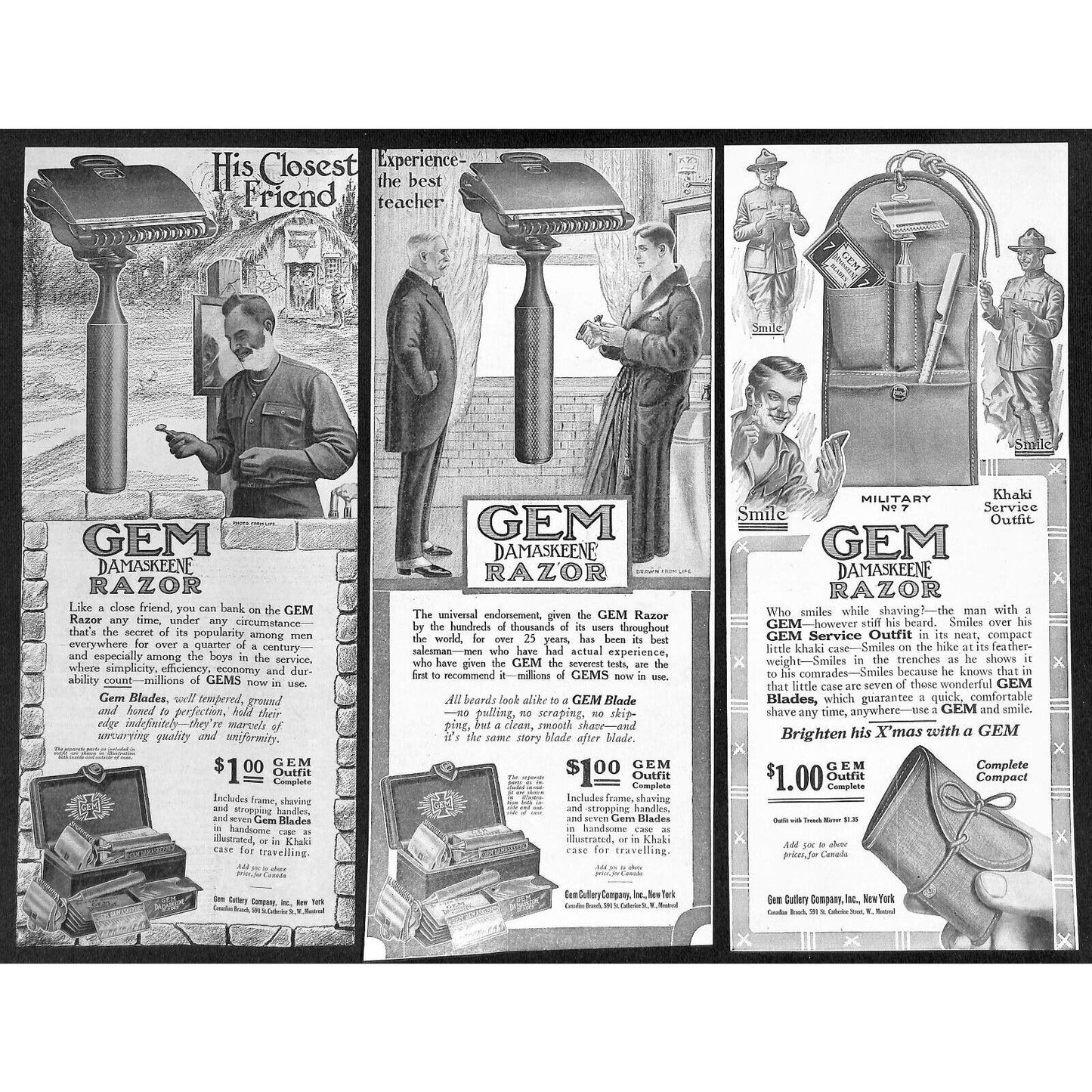GEM Razor Blades Shaving Damaskeene Group of 22 WWI Era Magazine Ads