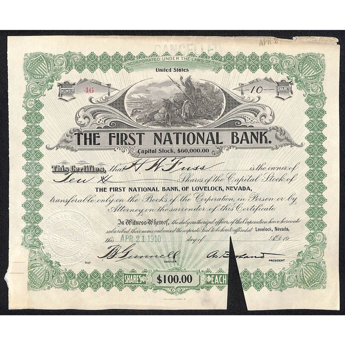 First National Bank of Lovelock, NV 1910 Stock Certificate to H.W. Fuss *