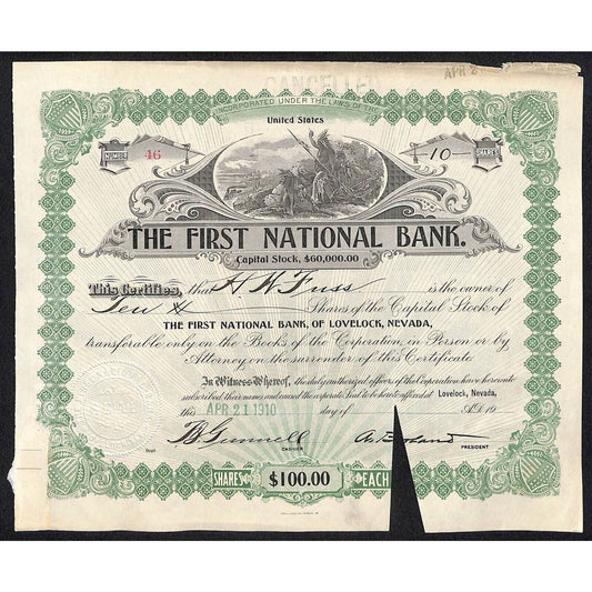 First National Bank of Lovelock, NV 1910 Stock Certificate to H.W. Fuss *
