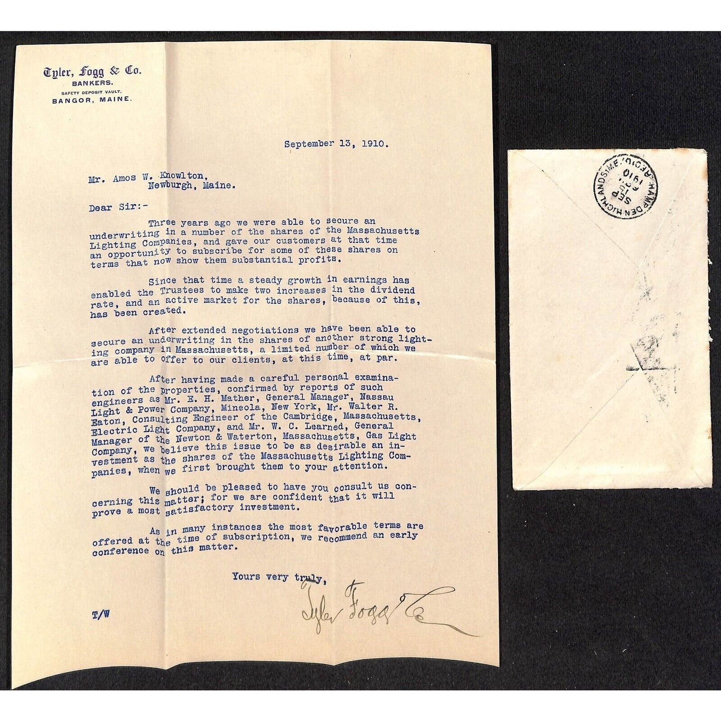 Bangor, ME & Co. Bankers Letterhead & Cover re: Mass Lighting 1910 VGC Knowlton*