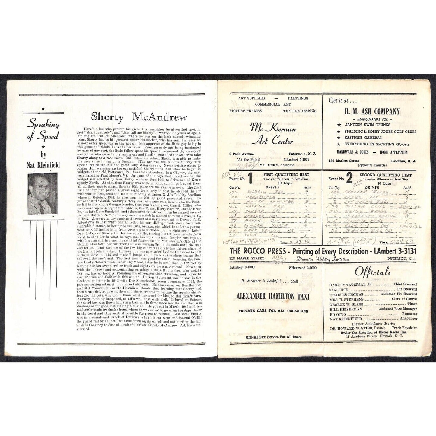 Hinchliffe Stadium Midget Auto Races 7/26/1946 Program Shorty McAndrew 4pp