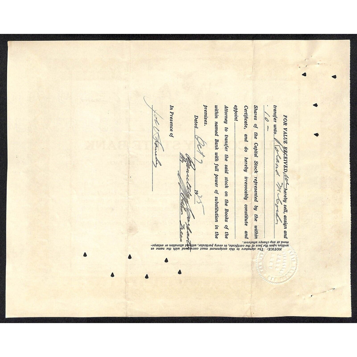 Old Colony State Bank NY 1925 Stock Certificate to ??? - Tax Stamps Scarce